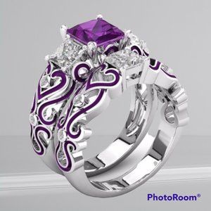 Women's Proncess Cut Purple Stone Heart Shaped Wedding Engagement Ring Set